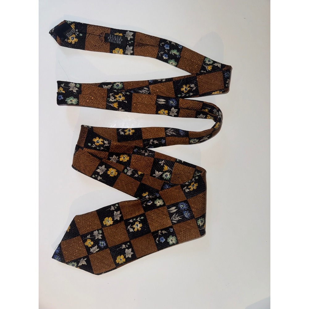 British American House Maga Silk Tie Mens Brown Black Floral Checkered Italy 4in